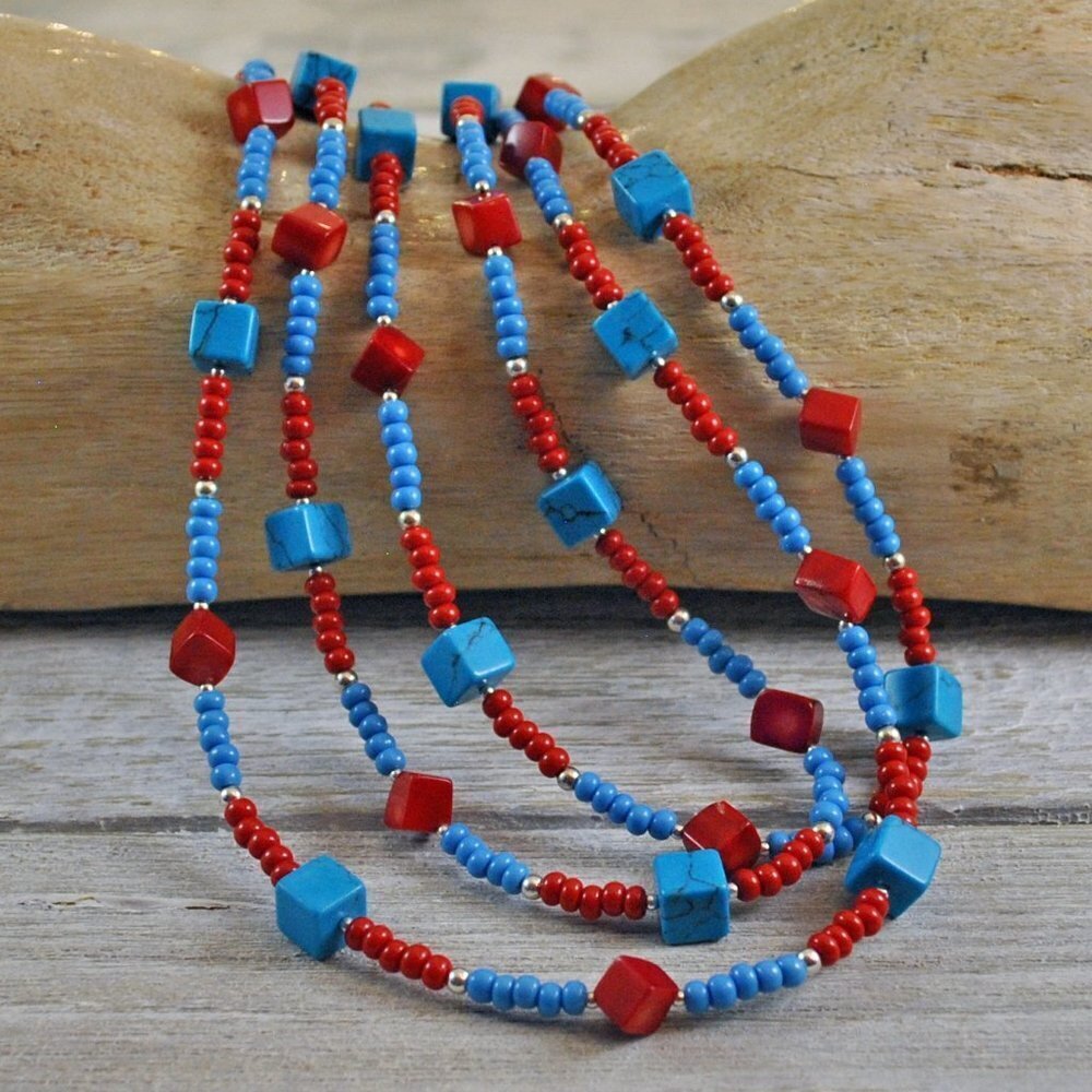 Red Coral & Blue Howlite Infinity Necklace Handmade​​​​